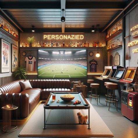 Design an inviting man cave with a big leather sofa, mounted TV, pool table, mini bar, and popcorn machine. Relive memories with arcade games, sport memorabilia, and movie posters. The warm, soft lighting and comfortable carpet create a relaxed environment. #InteriorDesign #ManCave #HomeRenovation #EntertainmentGadgets #BarDecor #GameRoomDesign Sports Bar Home Man Cave, Sports Man Cave Ideas, Family Game Room Design, Sports Room Man Cave, Game Nook, Gentlemens Room, Boys Den, Garage Renovation, Basement Inspiration