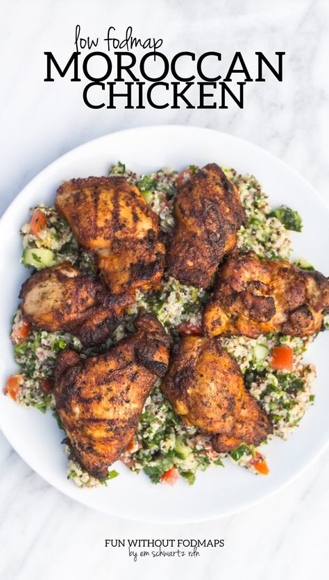 Spiced without being overly spicy, this Low FODMAP Moroccan Chicken is a delicious alternative to plain, grilled chicken! #lowfodmap #chicken Low Fodmap Chicken Marinade, Low Food Map Diet Recipes, Meal Prep Low Fodmap, Low Fod Map Dinner Recipes, Low Fodmap Lunch For Work, Low Fodmap Mediterranean Recipes, Low Fodmap Crockpot, Lowfod Recipes, Low Food Map Recipes