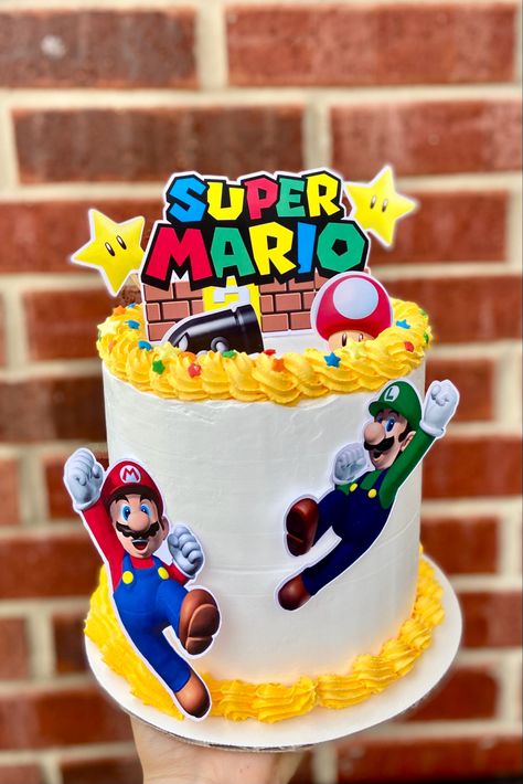 Super Mario Bros Birthday Cake, One Tier Mario Cake, Super Mario Bros Cake Buttercream, Buttercream Mario Bros Cake, Super Mario Cake 1 Tier, Super Mario Round Cake, Sweet Birthday Cake, Mario Bros Cake, Mario Birthday Cake