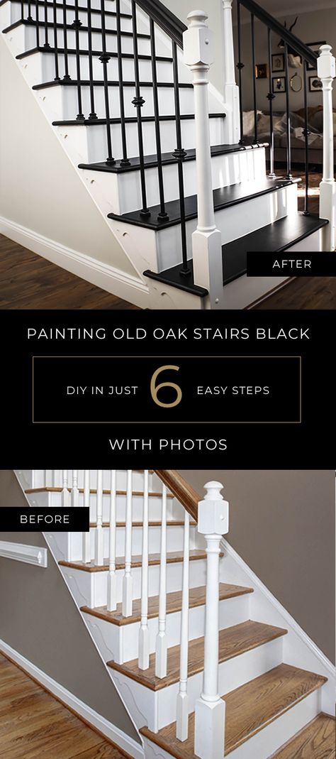 Transform your tired, old and outdated oak staircase into a show-stopping black and white entry centerpiece. We show you how to do this in just 6 steps! How To Install Stair Spindles, How To Install Iron Balusters, Stair Rail Update, Stairs With Iron Balusters, Wrought Iron Spindles On Stairs, How To Install Stair Railing, Iron Spindles On Stairs, Updated Railing Banisters, Bannister Renovation