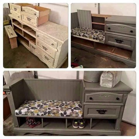 Before And After DIY Reupholstering Furniture Ideas (5) Repurposed Dresser, Entertainment Center Kitchen, Dressers Makeover, Reupholster Furniture, Entertainment Center Repurpose, Entertainment Center Decor, Diy Entertainment Center, Old Dressers, Mudroom Bench