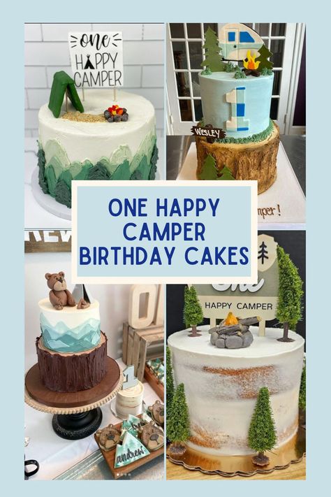 Collage of One Happy Camper 1st birthday cakes, showcasing various camping-themed designs perfect for a 1st Birthday Camping Theme. These cakes feature creative One Happy Camper decor, ideal for a Boy's 1st Birthday party with a Camp Out theme. Perfect inspiration for a One Happy Camper smash cake or desserts at a Camping Themed 1st Birthday Party. Camper Smash Cake, Happy Camper Smash Cake, One Happy Camper Smash Cake, Happy Camper Cake, Camper Cake, One Happy Camper First Birthday, Camper Cakes, One Happy Camper Birthday, Camping Theme Birthday Party