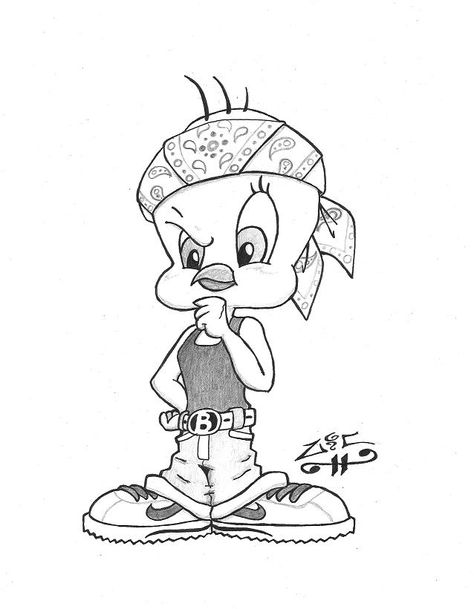 Ghetto Tweety Bird | favorite gangsta tweety Tweety Bird Drawing, Gangster Drawings, Mickey Mouse Coloring Pages, Disney Princess Coloring Pages, Cholo Art, Chicano Drawings, Bird Coloring Pages, Graffiti Style Art, Graffiti Characters