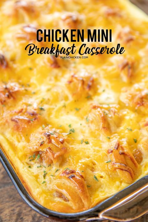 Chicken Mini Breakfast Casserole - inspired by our love of Chick-Fil-A's chicken minis. Frozen popcorn chicken, crescent rolls, eggs, milk, cheddar cheese and honey. We made this twice in one week. SO good! All you need is a side of fruit and/or yogurt and you are set! Great for breakfast, lunch or dinner! #chicken #breakfast #chickfia #casserole Crescent Breakfast Casserole, Mini Breakfast Casserole, Crescent Breakfast, Cracked Out, Easy Breakfast Casserole Recipes, Mini Breakfast, Chicken Minis, Best Breakfast Casserole, Crescent Roll Breakfast Casserole