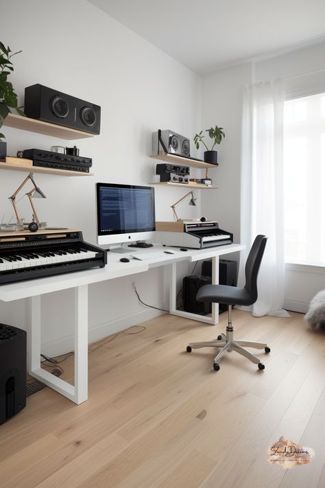 Gaming And Music Room, Low Profile Desk, Minimalist Music Room, Piano Office, White Desk Setup Aesthetic, Minimalist Music Studio, Cozy Music Studio, Small Recording Studio Design, Music Room Ideas Home Studio