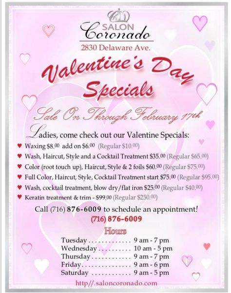 Salon Coronado Valentines Special 2830 Delaware ave kenmore NY 14217 716-876-6009 Valentines Promotion Ideas Salon, Valentine’s Day Facial Specials, Valentines Promotion Ideas, Ideas Salon, Promotion Ideas, Root Touch Up, Social Media Marketing Content, Marketing Content, Valentine Day Special