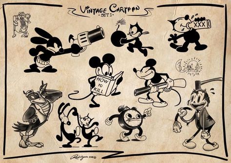 1930s Cartoons Tattoo, Mickey Traditional Tattoo, Old Mickey Mouse Tattoo, Felix The Cat Tattoo Traditional, Mickey Mouse Flash Tattoo, Rubber Hose Tattoo Flash, Vintage Mickey Mouse Tattoo, Vintage Mickey Tattoo, Felix Cat Tattoo