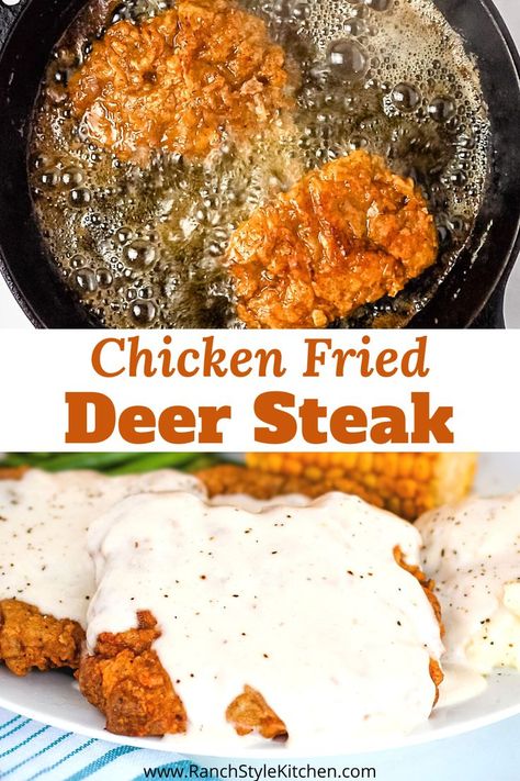 Country Fried Deer Steak, White Tail Deer Recipes, Deer Minute Steak Recipe, Fried Steak Dinner Ideas, Chicken Fried Deer Steak, Venison Fried Steak Recipes, Fried Deer Backstrap, Fried Venison Backstrap, Deer Cubed Steak Recipes