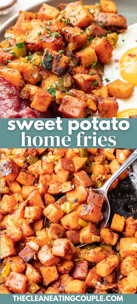 Sweet Potato Chunks Recipes, Sweet Potato Hashbrowns Easy, Sweet Potato Stir Fry Recipes, Fried Sweet Potatoes Skillet, Fajita Sweet Potato, Home Fries Breakfast, Chilli Bar, Sweet Potato Scramble, Sweet Potato Hashbrowns