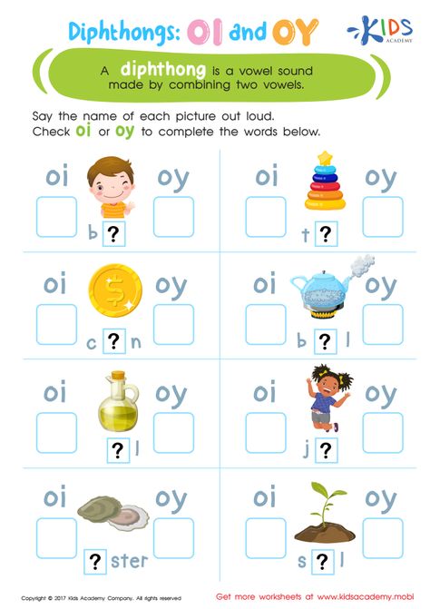 Review tricky spellings and increase your child’s reading and spelling skills using this vowel diphthongs oi oy worksheet! Dipthongs Worksheets, Oy Worksheets, Reading Simplified, Phonics Rhymes, Oi Oy, Vowel Diphthongs, Apple Classroom, Rhyming Worksheet, Structured Literacy