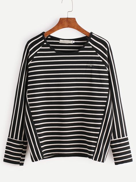 Shop Black Striped Raglan Sleeve Cocoon Sweatshirt online. SheIn offers Black Striped Raglan Sleeve Cocoon Sweatshirt & more to fit your fashionable needs. Raglan Sleeve Top, Color Block Blouse, Trendy Shirt Designs, Women Sweatshirts, Shirt Refashion, Trendy Fashion Tops, Cozy Fashion, Clothing Patterns, Raglan Sleeve