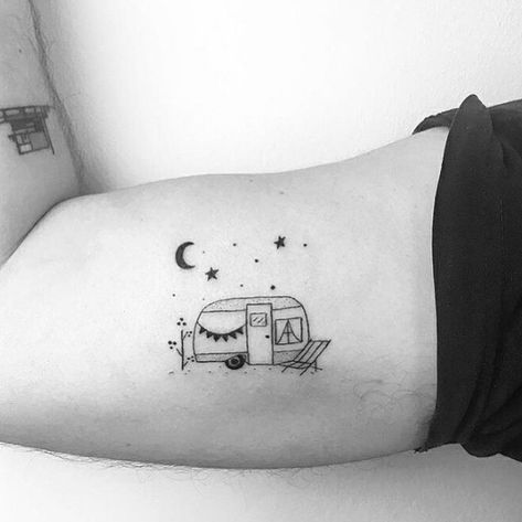 Camping Tattoo For Women, Campervan Tattoo, Camper Tattoo, Camping Tattoo, Anniversary Tattoo, Matching Friend Tattoos, Light Tattoo, Anklet Tattoos, Simple Tattoo Designs