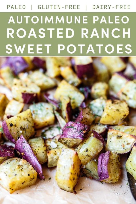 This easy Roasted Ranch Sweet Potatoes recipe is a super simple side dish fit for any occasion. Whether you’re making dinner on a busy weeknight or looking for a holiday side dish, these roasted sweet potatoes are a guaranteed crowd-pleaser! Paleo Roast, Gluten Free Recipes Side Dishes, Autoimmune Recipes, Sweet Potatoes Recipe, Paleo Side Dishes, Autoimmune Paleo Recipes, Aip Paleo Recipes, Paleo Sides, Holiday Side Dish