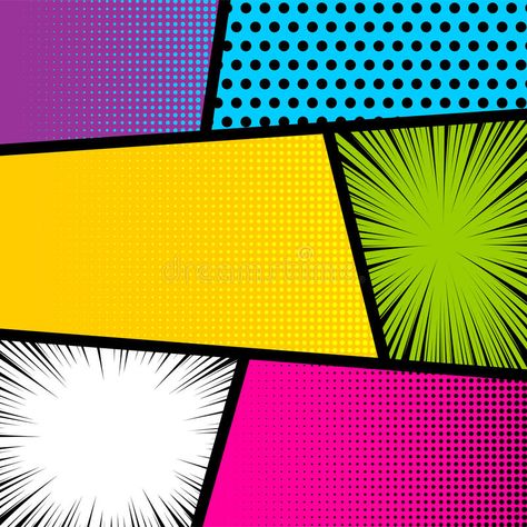 Pop art comic book strip background. Pop art comics book magazine cover template. Cartoon funny vintage strip mock up. Vector halftone illustration. Blank vector illustration Pop Art Title Page, Comic Aesthetic Pop Art, Comic Background Aesthetic, Comic Style Art Illustration, Comic Strip Background, Pop Art Magazine, Yearbook Backgrounds, Comic Texture, Comic Book Aesthetic