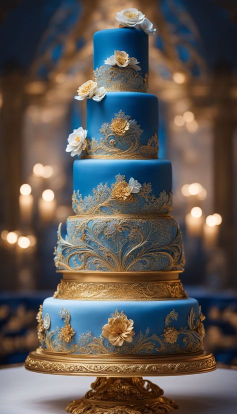 blue and gold wedding cake - AI creation Wedding Cake Blue And Gold, Blue And Gold Wedding Cake, Wedding Cake Blue, Golden Wedding Cake, Blue And Gold Wedding, Royal Wedding Cake, Spring Wedding Cake, Traditional Wedding Cakes, Wedding Cake Ideas