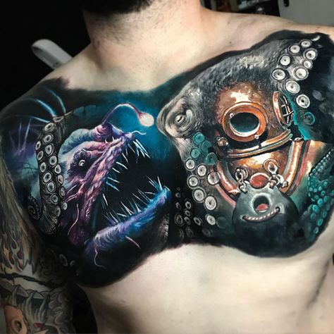 Simply stunning men's chest piece with a retro diver, angler fish and a octopus. Deep Sea Tattoo, Anthony Tattoo, Sea Tattoo Ideas, Angler Fish Tattoo, Theme Tattoos, Ocean Sleeve Tattoos, Underwater Tattoo, Diver Tattoo, Sea Chest