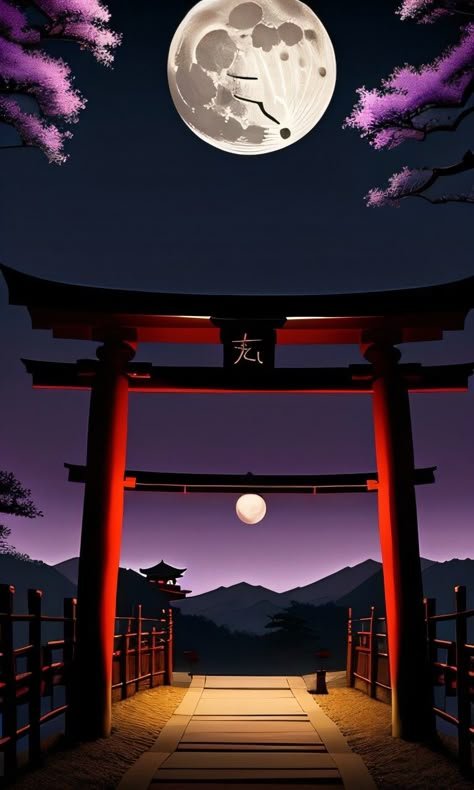 Tori Gate Wallpaper, Moon Anime Wallpaper, Full Moon Anime, Japanese Architecture Drawings, Anime Island, Gunung Fuji, Tori Gate, Shrines Art, Japanese Shrine