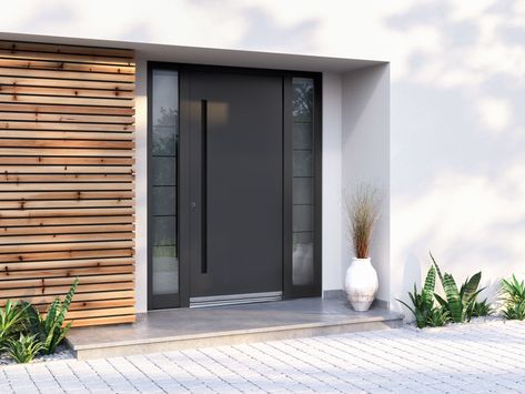 Black Front Door With Glass Side Panels, Front Doors With Side Panels, Anthracite Front Door, Anthracite Grey Front Door, Side Entrance Ideas Exterior, Plain Front Door, Front Door Aluminium, Bungalow Entrance, Front Door With Side Panels