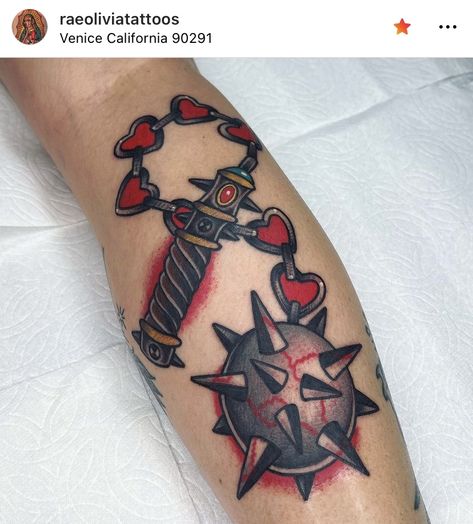 Mace Tattoo Heart, Heart Mace Tattoo, Flail Tattoo American Traditional, Ball And Chain Tattoo Traditional, Traditional Flail Tattoo, Heart Flail Tattoo, Mace Tattoo Traditional, Traditional Valentine Tattoo, Mace Tattoo Design