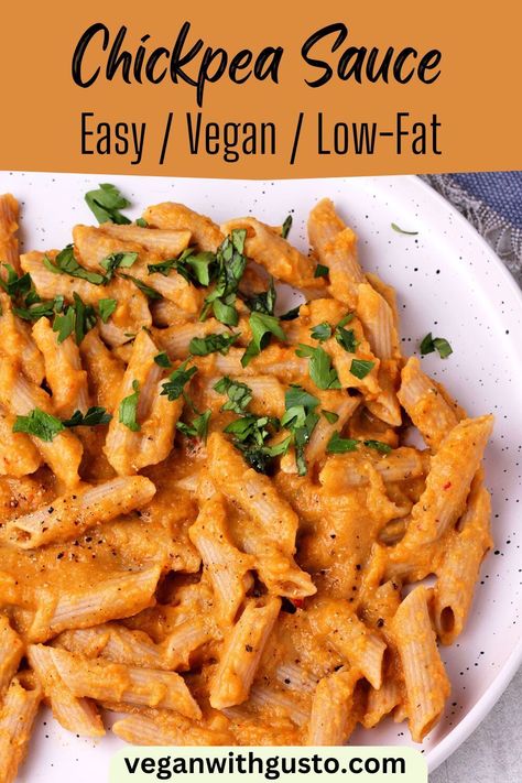 This easy vegan chickpea sauce is delicious with pasta, rice, and veggies! Make a complete, healthy dinner in 30 minutes. No added oil, nuts, or heavy cream for a low-fat blended sauce with creamy texture and cheesy flavor. Simple ingredients, a delicious sauce, and so many options. Make this tonight! No Gallbladder Recipes, Chickpea Sauce, Vegan Pasta Sauce, Rice And Veggies, Pasta Meals, Vegan Chickpea, Pasta Rice, Chickpea Pasta, Vegan Pasta Recipes