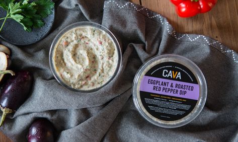 Eggplant + Roasted Red Pepper Dip | CAVA Eggplant Feta Dip, Mediterranean Dips, Roasted Eggplant With Goat Cheese, Greek Aubergine Dip, Eggplant Dip No Tahini, Cava Roasted Eggplant Dip, Eggplant Roasted, Mediterranean Hummus, Mediterranean Dip