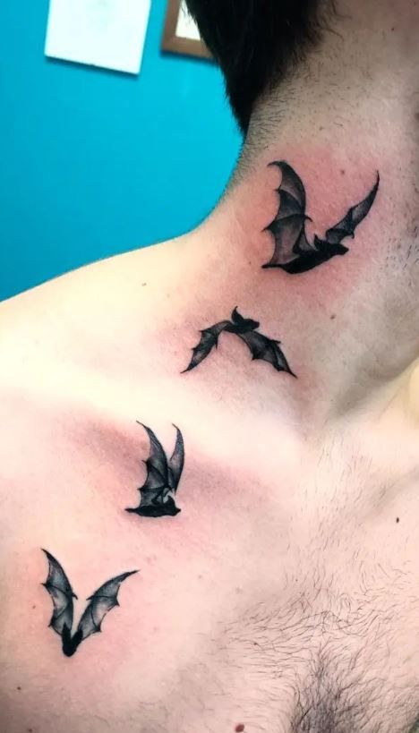 Bat Cluster Tattoo, Mens Bat Tattoo, Bats Neck Tattoo, Bat Filler Tattoo, Bats On Shoulder Tattoo, Bat Tattoos Men, Vamp Tattoo Ideas, Bat Throat Tattoo, Bat Forearm Tattoo