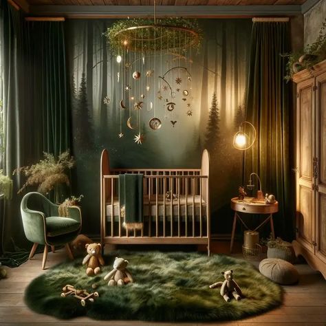 15 Clever Enchanted Forest Nursery Theme Ideas - Drop By My Home Dark Aesthetic Nursery, Night Time Forest Nursery, Mystical Forest Nursery, Enchanted Forest Toddler Room, Boy Nursery Forest Theme, Magical Nursery Ideas, Slytherin Nursery, Dark Forest Nursery, Whimsigoth Nursery