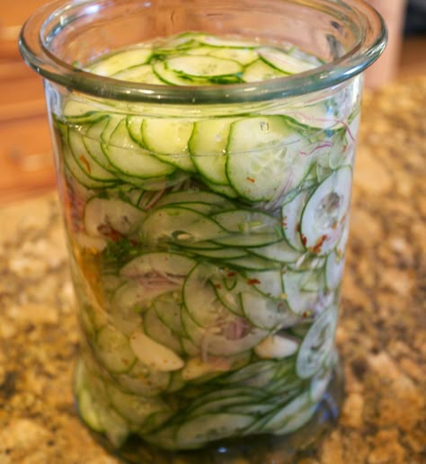 Refrigerator Cucumber Salad Refrigerator Cucumber Salad, Refrigerator Cucumbers, Refrigerator Salads, Garden Preserving, Vinegar Cucumbers, Fit Foods, Summer Foods, Weekly Meals, Best Salad Recipes