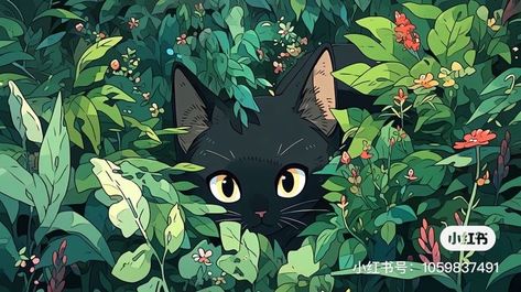 Cat In Garden Illustration, Animal Forest Illustration, Cat In Forest Drawing, Botanical Garden Illustration, Woodlands Illustration, Garden Concept Art, Cat Concept Art, Pond Mural, Phone Wallpaper Black