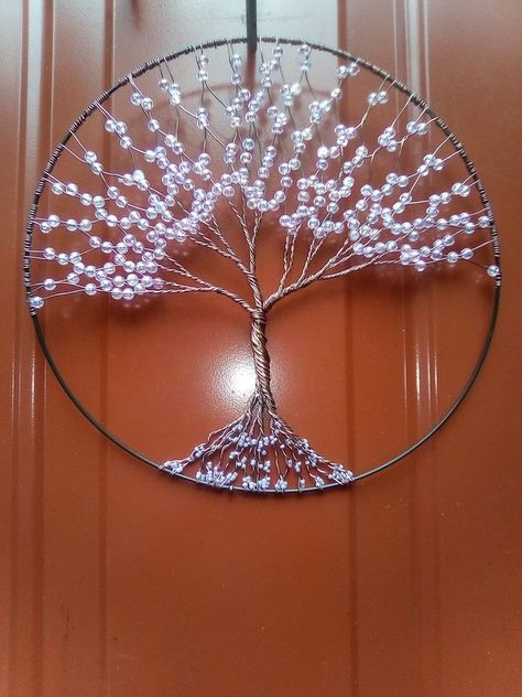 Dollar Tree Crafts & DIY with Instructions! | Light lavender beads with aluminum wire on a 10 inch dollar tree hoop Lavender Tree, Wood Crosses Diy, Dollar Tree Crafts Diy, Tree Of Life Crafts, Beaded Ornaments Diy, Family Tree Designs, Beaded Flowers Patterns, Wire Art Sculpture, Wire Wrap Jewelry Designs