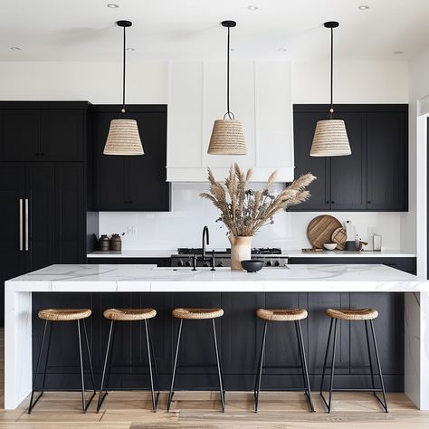 30 Amazing and Chic Black and White Modern Kitchen Ideas Black White And Wood Home Decor, Black White And Neutral Kitchen, Black Island White Countertop, White Black And Oak Kitchen, Black Oven Hood, Wood Black And White Kitchen, White Black And Wood Kitchen, Cabinet Layout Ideas, Kitchen Cabinet Layout Ideas