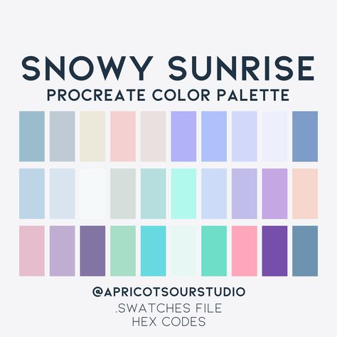 "*DIGITAL DOWNLOAD* Introducing \"Snowy Sunrise,\" the exquisite Procreate color palette that brings the serene beauty of a winter morning to your digital canvas. Immerse yourself in the delicate hues of pale pinks, soft blues, and muted purples, reminiscent of the first light peeking through a blanket of freshly fallen snow. This thoughtfully curated collection of colors captures the tranquility and purity of a snowy sunrise, allowing artists to effortlessly convey a sense of calm and wonder in their creations. Whether you're an illustrator, designer, or hobbyist, \"Snowy Sunrise\" provides a harmonious blend of tones that will elevate your digital artwork, adding a touch of ethereal charm to your every stroke. Embrace the enchantment of winter mornings with this enchanting color palette Frosty Color Palette, Snowy Color Palette, Icy Color Palette, Sunset Color Scheme, Snowy Sunrise, Winter Palette, Procreate Color Palette, Sunrise Colors, Color Palette Ideas