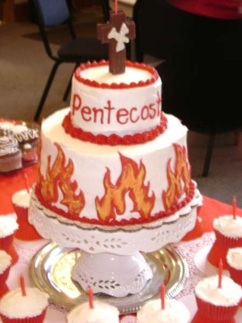 Pentecost This was made for our Pentecost celebration at church. Buttercream icing with chocolate (candy melts) flames and cross. Pentecost Sunday Crafts, Hunger Games Cake, Pentecost Sunday, Feasts Of The Lord, Confirmation Cakes, Chocolate Candy Melts, Celebration Ideas, Buttercream Icing, Pentecost