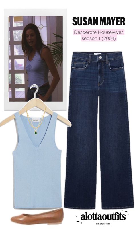 Susan Mayer inspired outfit featuring a blue tank top, jeans, and ballet flats. Susan Mayer Outfit, Susan Desperate Housewives, Desperate Housewives Outfits, Desperate Housewives, Virtual Stylist, Chic Look, Casual Chic Style, Season 1, Soulmate