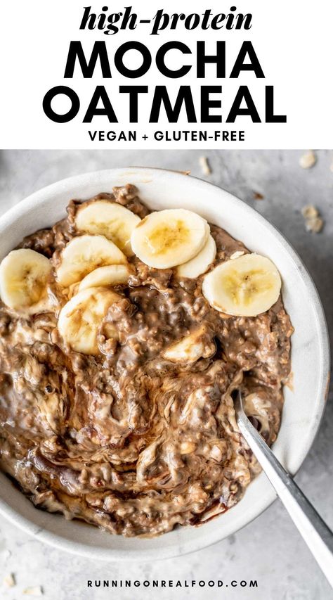 Love coffee? You'll love this vegan mocha protein oatmeal made with chia seeds, coffee and vegan protein powder. Running On Real Food, Protein Oatmeal, Vegan Oatmeal, Oatmeal Recipe, Tofu Scramble, Vegan Protein Powder, Healthy Breakfast Smoothies, High Protein Breakfast, Love Coffee