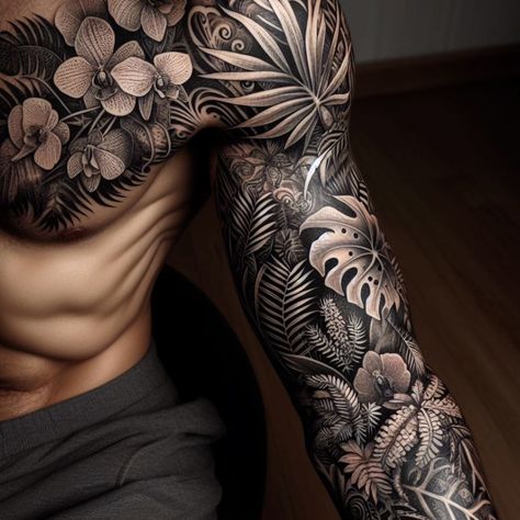 Paradise Sleeve Tattoo, Foliage Tattoo Men, Floral Men’s Sleeve Tattoo, Back Tattoo Cover Up Ideas Men, Meaningful Tattoo Sleeve Men, Sleeve Tattoos Colorful, Plants Tattoo Sleeve, Sleeve Tattoo Nature, Plants Tattoo Design