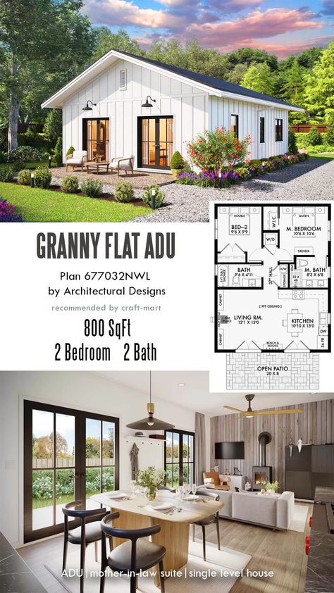 This simple yet spacious floor plan gives you plenty of options for a comfortable ADU, backyard rental, downsizing, or a small vacation home. With an open-concept living area and two bedrooms with separate bathrooms, there is enough room for a couple of retirees or a small family. Also, 2 sets of French doors connect the living area with an open patio. Granny Flat Living Room, Add On Apartment To House, Family Cottage Floor Plans, Small Home Floor Plans Open Concept, Pool House Floor Plan, 2 Bedroom Floor Plans Open Concept, Small Two Bedroom House Plans, Open Concept Tiny House, Small House Open Concept