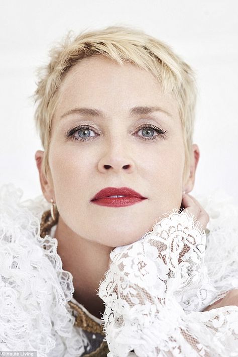 The 2016 brand ambassador for the injectable filler Restylane told the mag: 'I use great c... Sharon Stone Short Hair, Sharon Stone Hairstyles, Super Short Hair, Short Grey Hair, Hair 2018, Sassy Hair, Sharon Stone, Very Short Hair, Short Pixie Haircuts