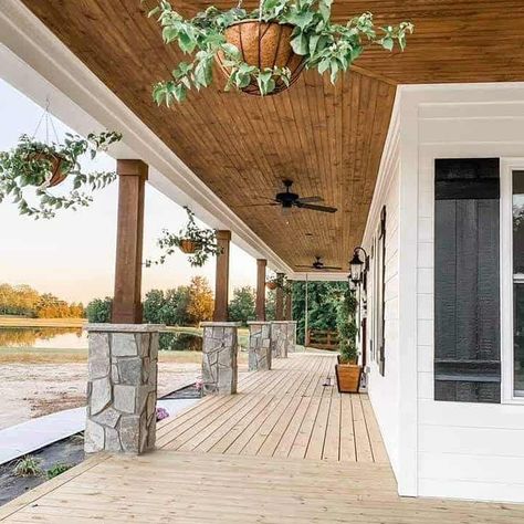 Wood Ceiling On Front Porch, Sunroom Ceiling Ideas Wood Planks, Porch Wood Ceiling Ideas, Beadboard Outdoor Ceiling, Stained Beadboard Ceiling Porch, Outdoor Covered Porch Ceilings, Back Patio Ceiling Ideas, Tongue And Groove Ceiling Outdoor Patio, Wrap Around Porch Ceiling