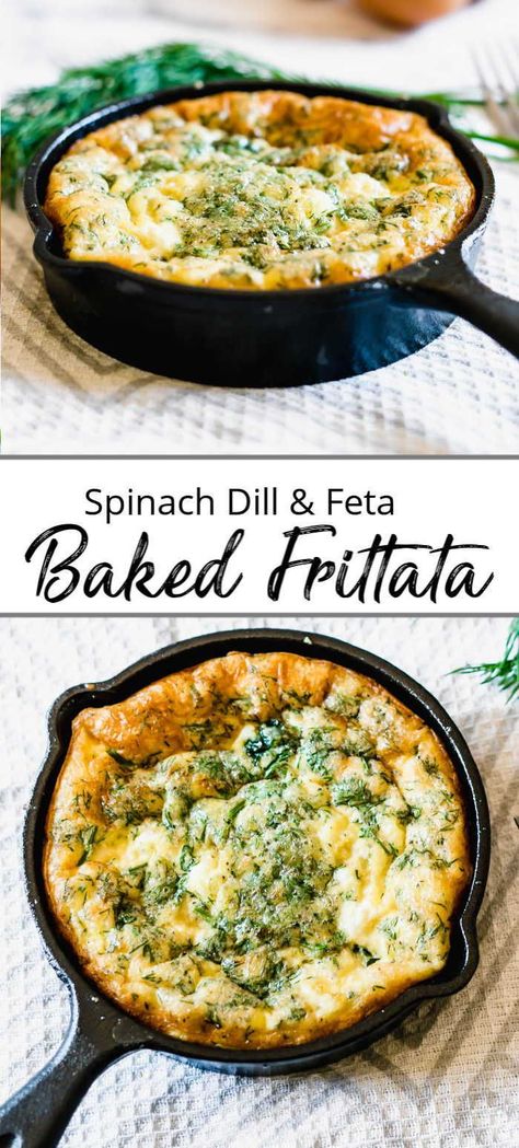 Sep 22, 2019 - A light and fluffy frittata with spinach, feta and dill baked to perfection. Eat warm or cold it is a tasty choice for breakfast or lunch. Frittata Recipes Baked, Frittata Recipes Healthy, Frittata Recipes Breakfast, Spinach Frittata Recipes, Breakfast Savory, Cottage Recipes, Baked Frittata, Breakfast Kitchen, Gf Breakfast