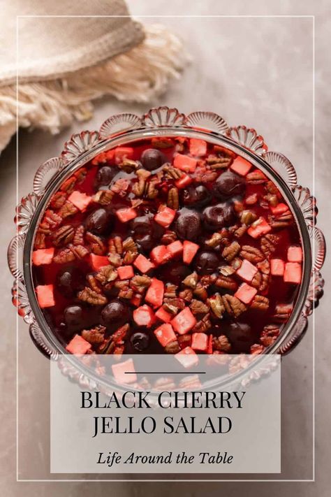 Black Cherry Jello with Cream Cheese and Pecans Black Cherry Jello Salad, Jello With Cream Cheese, Cherry Jello Salad, Jello Salad With Cream Cheese, Orange Pudding Cake, Cherry Jello Recipes, Black Cherry Jello, Salad With Cherries, Jello Salads