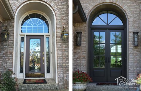 The change from a standard size to taller door provides better scale for this tall entryway opening. We also love that the porch lights are well proportioned to the door. Arched Front Door, Wrought Iron Front Door, Double Door Entryway, Front Door Inspiration, House Front Door Design, Iron Front Door, Custom Front Doors, Front Door Entryway, Door Entryway