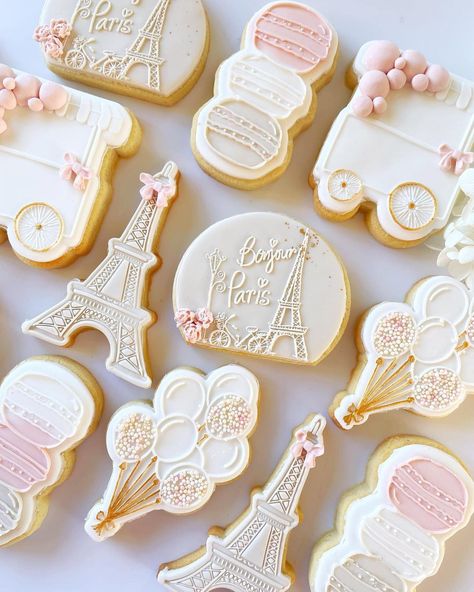 Bonjour Four Party, Paris Themed Party Food, Paris Cookies Decorated, Bonjour To Four Birthday, Paris Theme Baby Shower Ideas, Bonjour To Four, Parisian Cookies, French Baby Shower Theme, Paris Baby Shower Theme