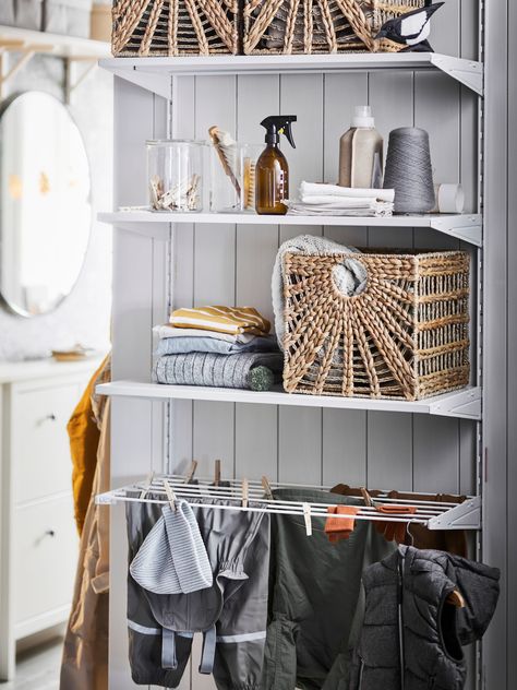 Keep everything at hand with this laundry combination - IKEA Kallax Shelving, Kallax Shelf Unit, Kallax Shelf, Best Home Interior Design, Clothes Rail, Water Hyacinth, Dirty Laundry, Shelf Unit, Laundry Room Decor