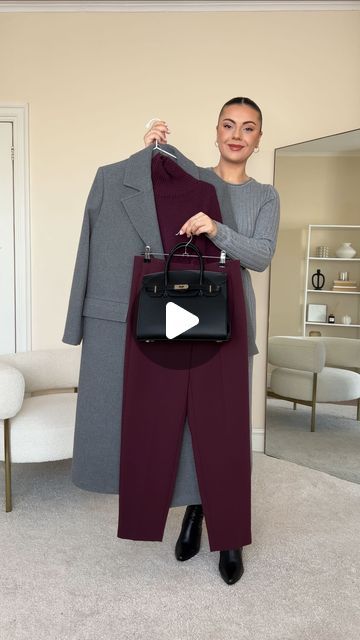 Skin Colour Pants Outfit, Autumn Outfits Hijab 2024, Black Outfit Combinations, Burgundy Color Block Outfit, Classic Colour Combinations, Grey Burgundy Outfit, Winter Tone Outfits, Colour Combination With Grey, Gray Combination Color Clothes