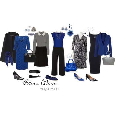 "Royal Blue" by simplycrimson on Polyvore -- Clear royal blue turns simple gray and black pieces into elegant, eye-catching outfits, making it a perfect pop color for a Clear Winter. Blue Outfits Ideas, Royal Blue Outfit Ideas, Black Capsule Wardrobe, Blue Outfit Winter, Blue Outfit Ideas, Winter Outfits Polyvore, Royal Blue Outfits, Women Work Outfits, Outfit Ideas For School