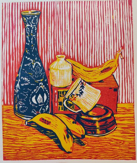 Still Life Woodcut, Colour Woodcut Print, Linocut Prints Still Life, Still Life Printmaking, Reductive Relief Print, Multicolor Printmaking, Linocut Color, Still Life Illustration, Woodcut Art