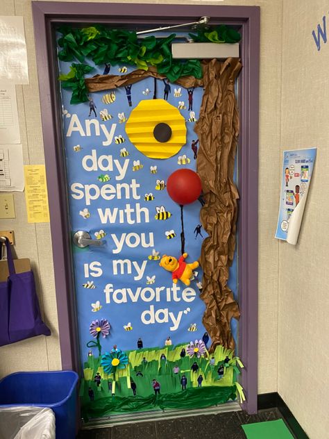 Disney Doors Classroom, Story Book Classroom Doors, Character Door Decorations Classroom, Winnie The Pooh Infant Room Daycare, Book Inspired Classroom Doors, Disney Door Decorating Contest, Tinkerbell Classroom Theme, Disney Classroom Decorations Diy, Winnie The Pooh Paper Craft