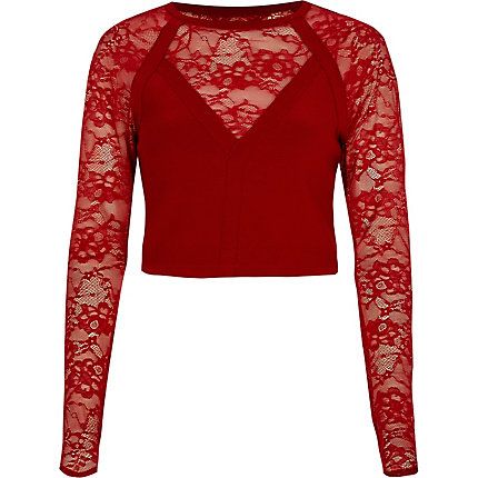 Red lace long sleeve crop top Lace Insert Top, Summer Wedding Shoes, Red Clothes, Chunky Cable Knit Cardigan, Red Lace Top, Lacy Tops, Red Crop Top, Lace Top Long Sleeve, Lace Long Sleeve