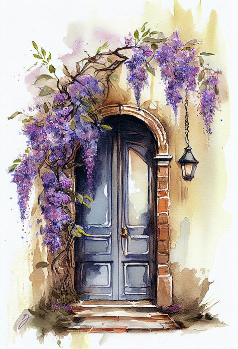 Doorway of Delight, by Greg Collins Unique Landscaping, Artwork Unique, Nature And Architecture, Watercolor Paintings Nature, Watercolor Architecture, Sketchbook Drawings, Diy Watercolor Painting, Landscape Art Painting, Watercolor Flower Art